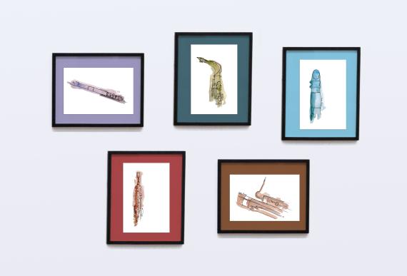 Pack láminas musicales mosaico violín viola cello piano guitarra arpa clarinete flauta oboe fagot trompeta trombón trompa tuba batería Maria Amorós