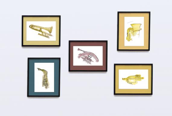 Pack láminas musicales mosaico violín viola cello piano guitarra arpa clarinete flauta oboe fagot trompeta trombón trompa tuba batería Maria Amorós