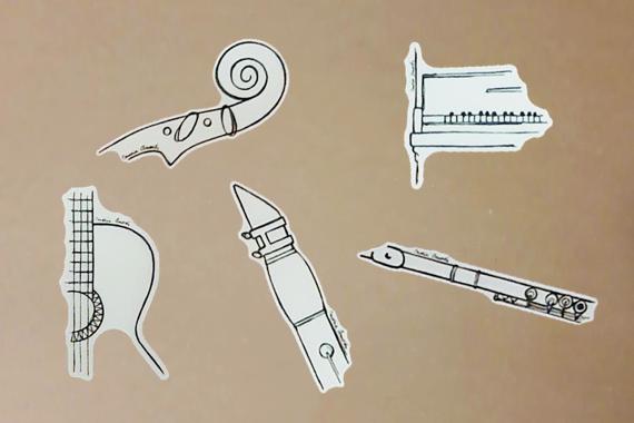 Pack vinilos adhesivos musicales instrumentos transparentes violín viola cello piano guitarra arpa clarinete flauta oboe fagot trompeta trombón trompa tuba batería Maria Amorós
